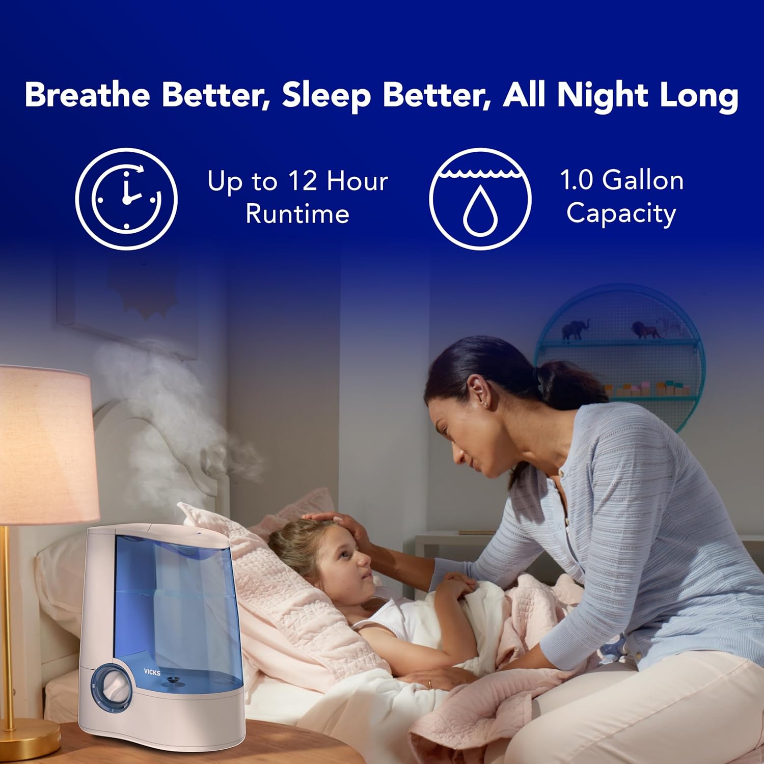 Vicks Warm Mist Humidifier Filter-Free 1-Gal Tank, Auto Shut-Off, Night Light, VapoPad and VapoSteam Compatible - Image 4