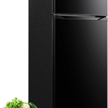 Upstreman 7.7 Cu.Ft. Refrigerator with Freezer, Double Door Fridge, Adjustable Thermostat, Large Capacity, Reversible Door Swing, Refrigerator for Apartment, Office, Dorm, Black（BD75）