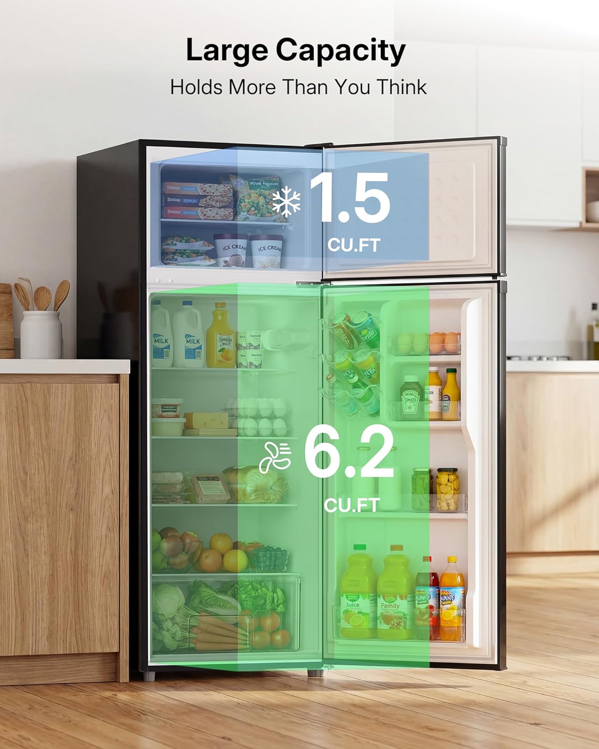Upstreman 7.7 Cu.Ft. Refrigerator with Freezer, Double Door Fridge, Adjustable Thermostat, Large Capacity, Reversible Door Swing, Refrigerator for Apartment, Office, Dorm, Black(BD75) - Image 3