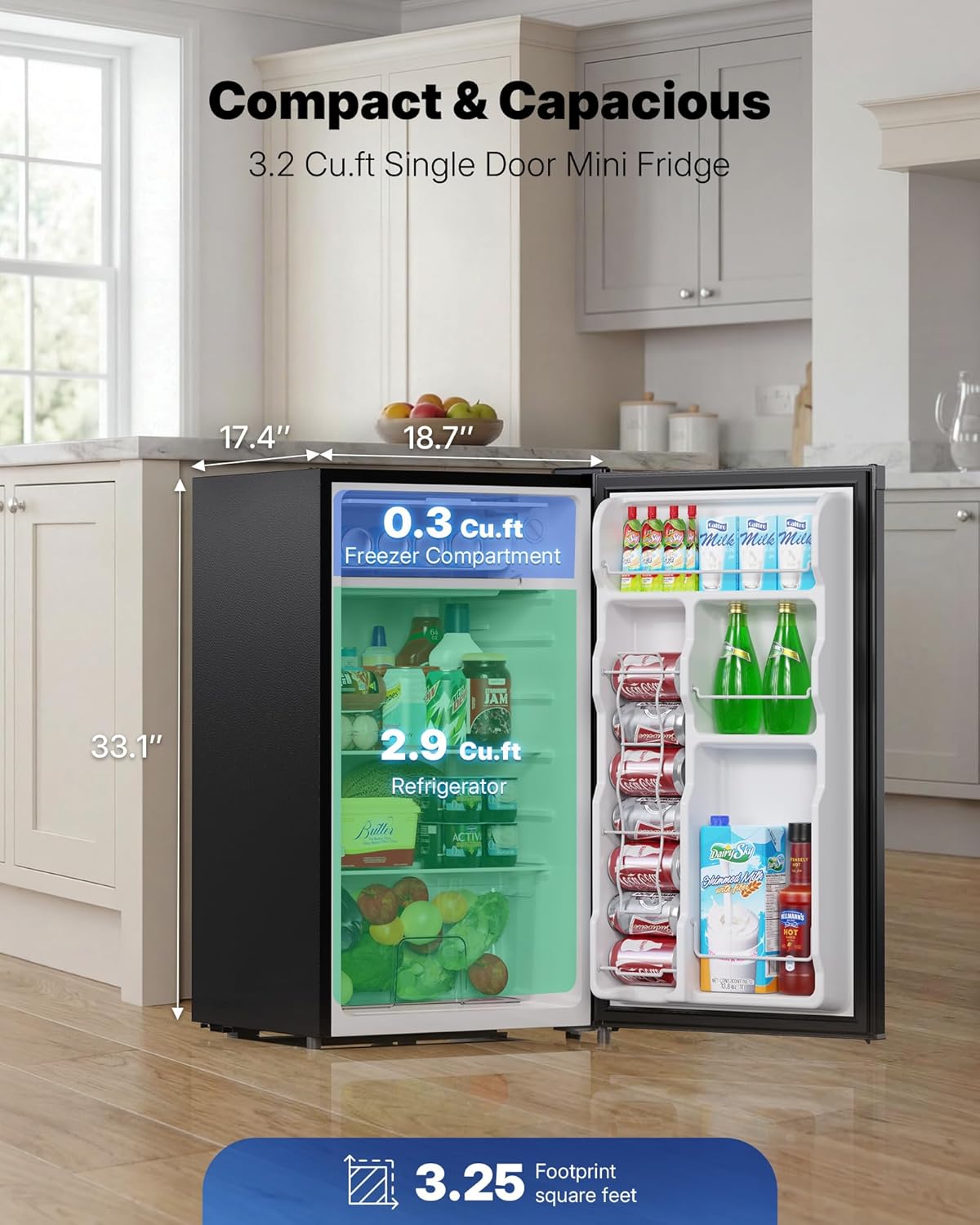 Upstreman 3.2 Cu.Ft Mini Fridge with Freezer, Quiet Efficient Small Fridge, Compact Refrigerator with Adjustable Thermostat, for Dorm, Bedroom, Office, Black-BR321 - Image 2