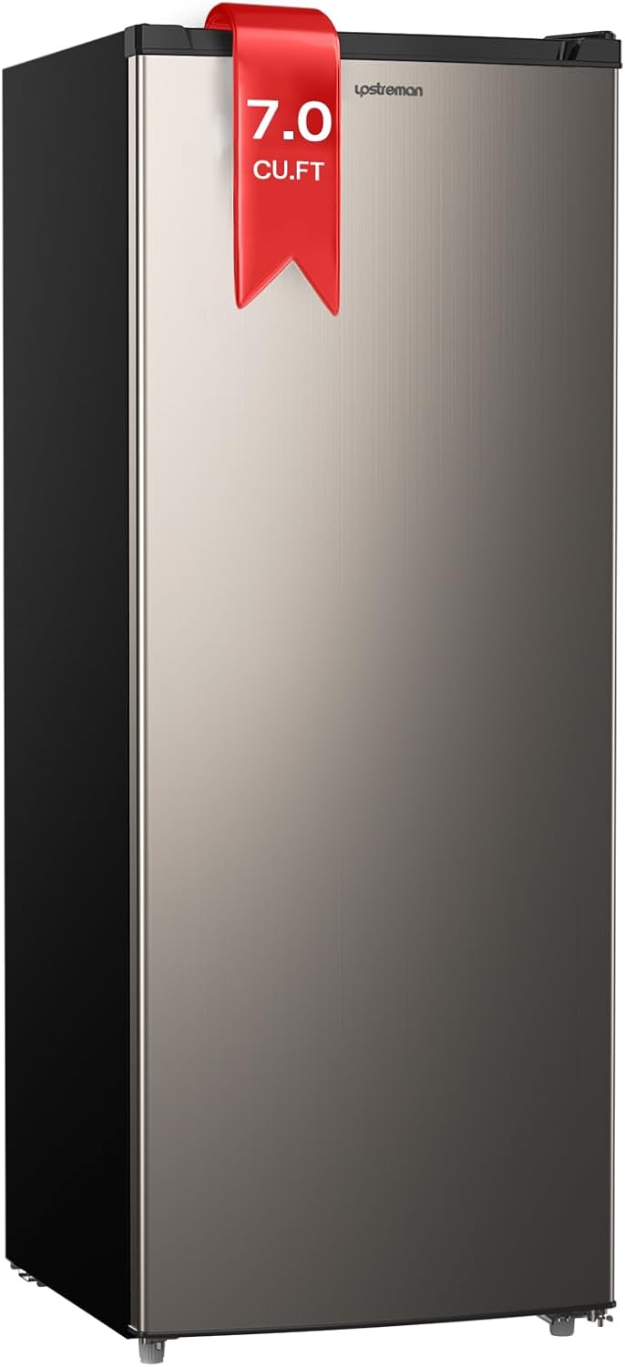 Upstreman 7.0 Cu.Ft Upright Freezer, Large Capacity Stand Up Freezers with 5 Adjustable Shelves, Convertible Refrigerator/Freezer, Reversible Door for Home, Basement, Apartment (Stainless) - Image 2