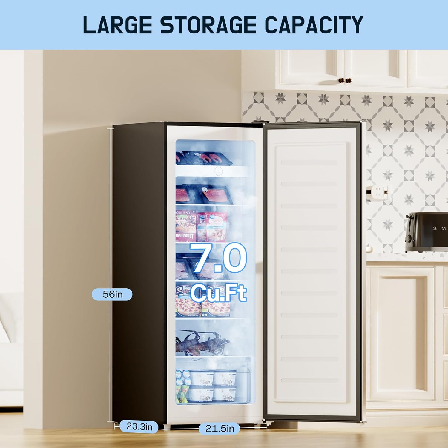 Upstreman 7.0 Cu.Ft Upright Freezer, Large Capacity Stand Up Freezers with 5 Adjustable Shelves, Convertible Refrigerator/Freezer, Reversible Door for Home, Basement, Apartment (Stainless) - Image 3