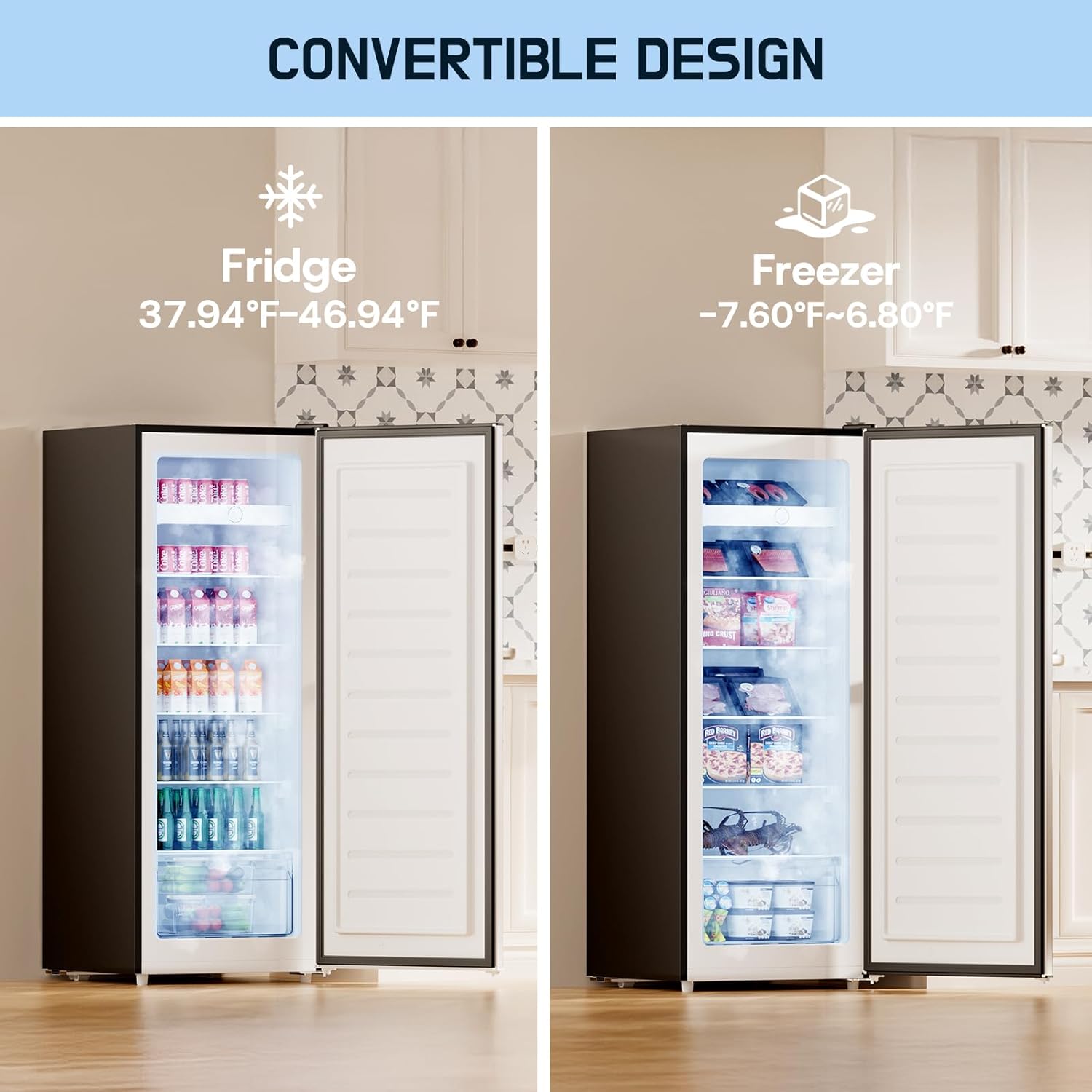 Upstreman 7.0 Cu.Ft Upright Freezer, Large Capacity Stand Up Freezers with 5 Adjustable Shelves, Convertible Refrigerator/Freezer, Reversible Door for Home, Basement, Apartment (Stainless) - Image 4