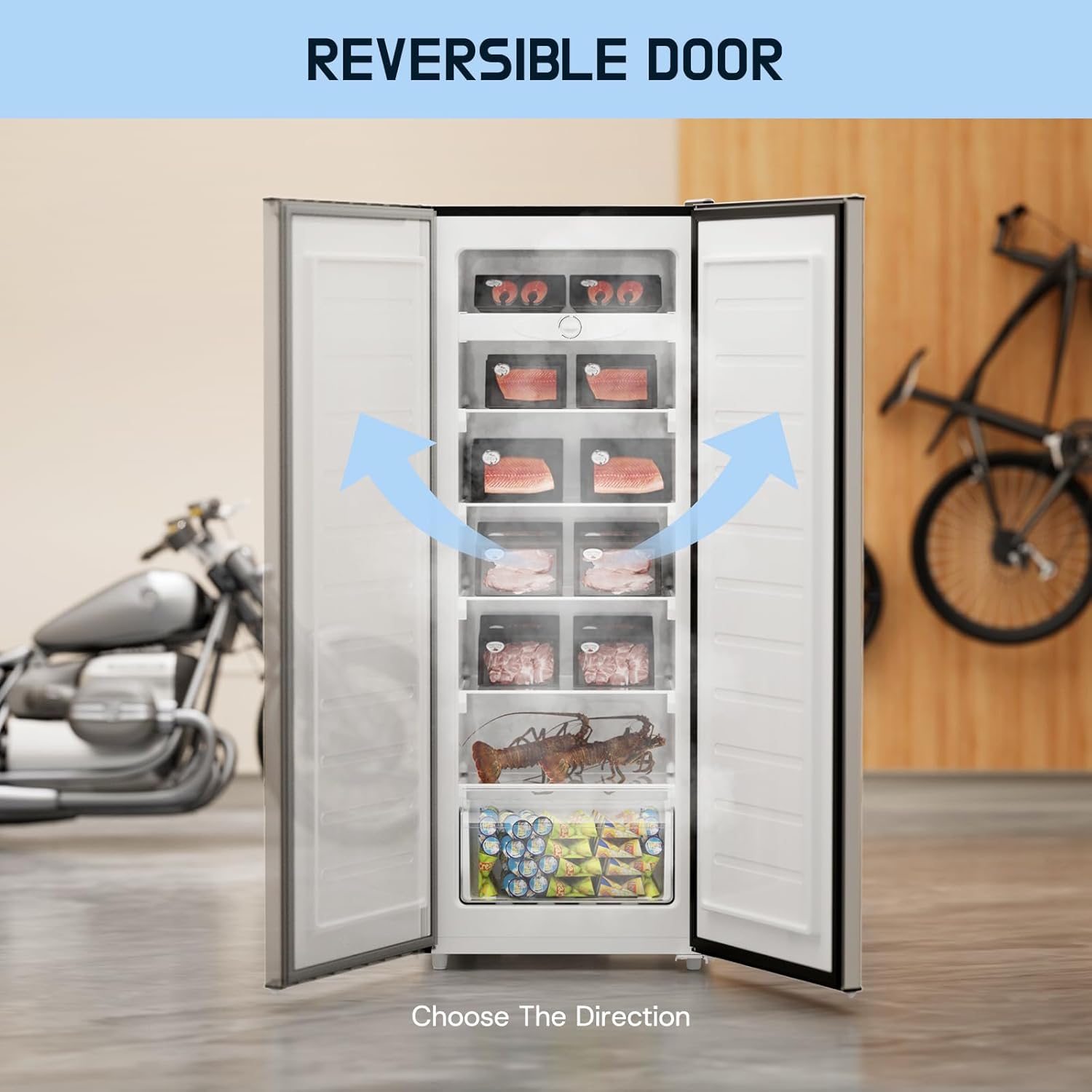 Upstreman 7.0 Cu.Ft Upright Freezer, Large Capacity Stand Up Freezers with 5 Adjustable Shelves, Convertible Refrigerator/Freezer, Reversible Door for Home, Basement, Apartment (Stainless) - Image 6